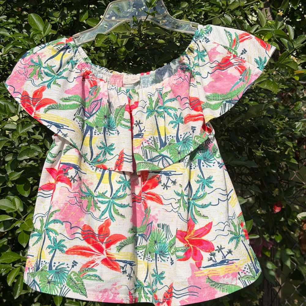 Girls sz 8 Tropical Floral Off-Shoulder Top - Pink Green Red